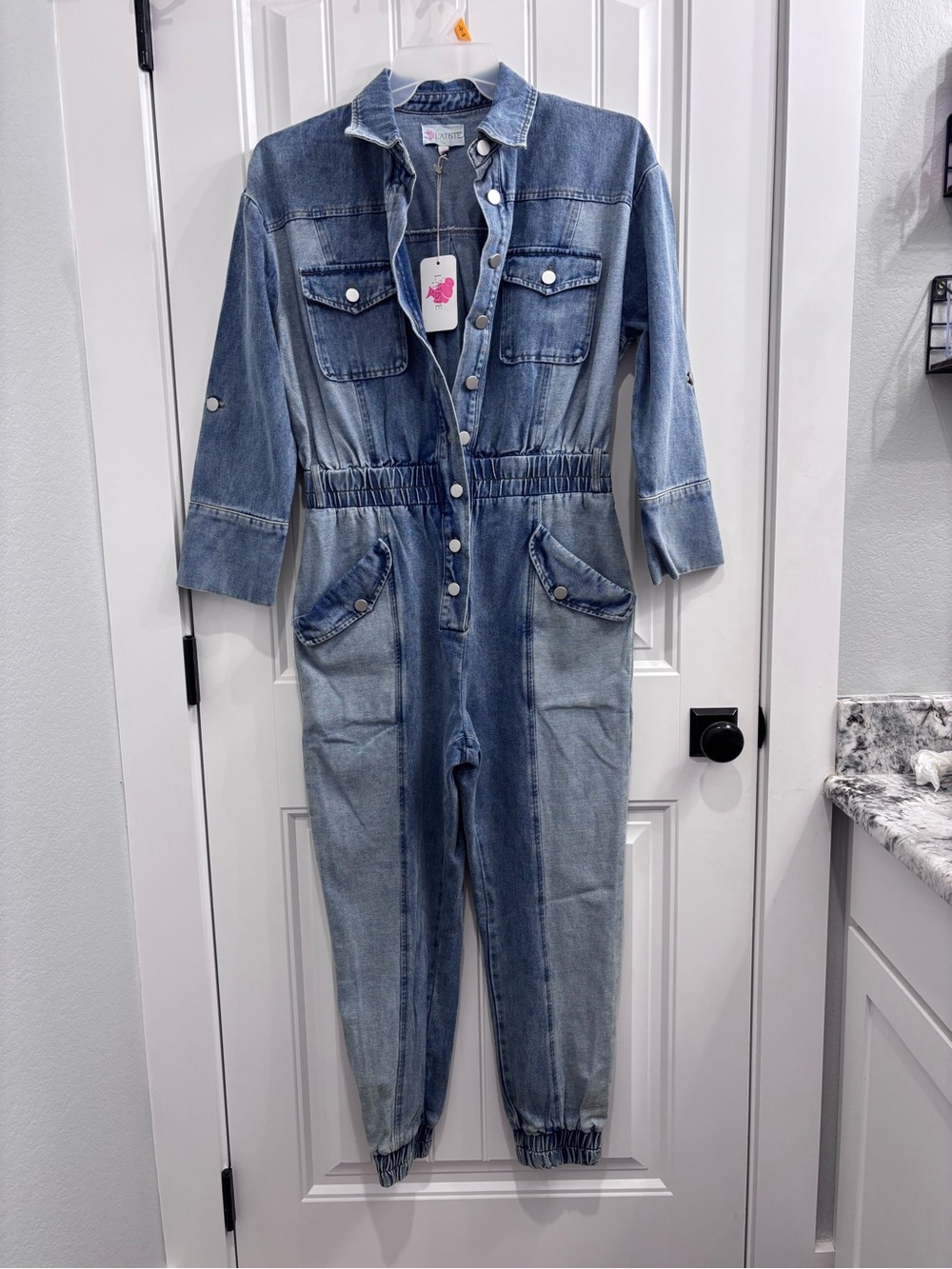 Light Blue Denim Jumpsuit with Button Front